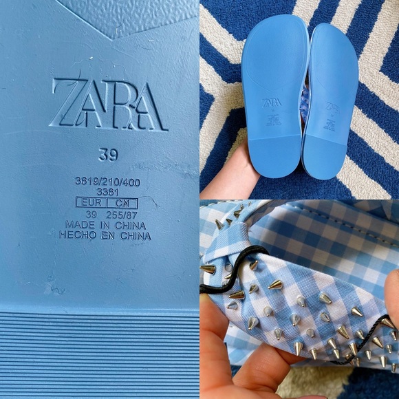 🩵 ZARA BLUE WHITE GINGHAM STUDDED FLIP FLOPS! - Picture 10 of 16